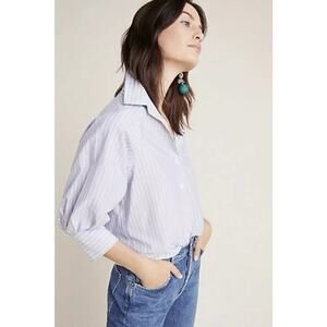 Anthropologie Harshman Gray Striped Buttondown Shirt Blouse Puff Sleeve M